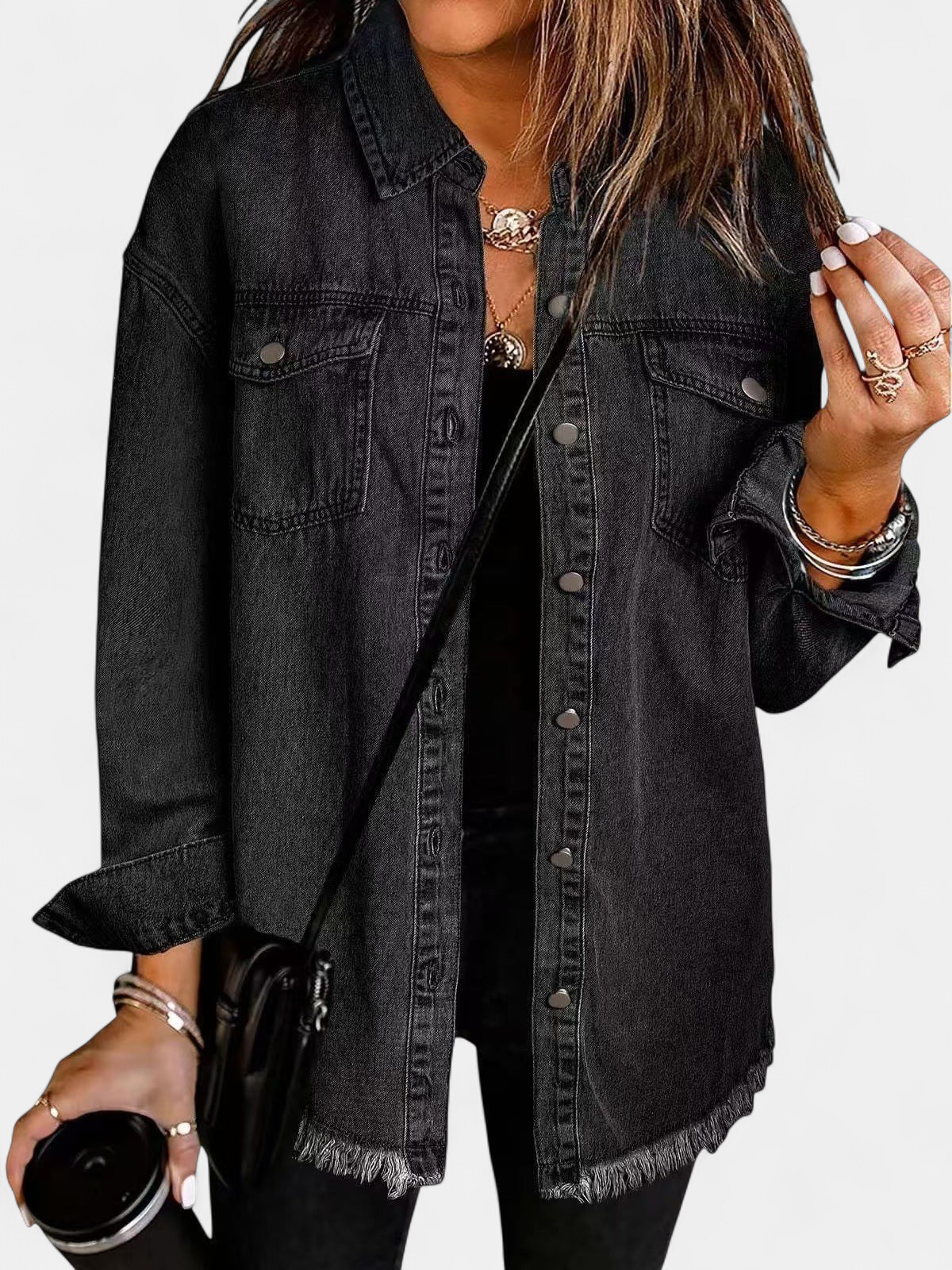 Women's Oversized Denim Jacket, Frayed Hem Snap Front Chest Pockets