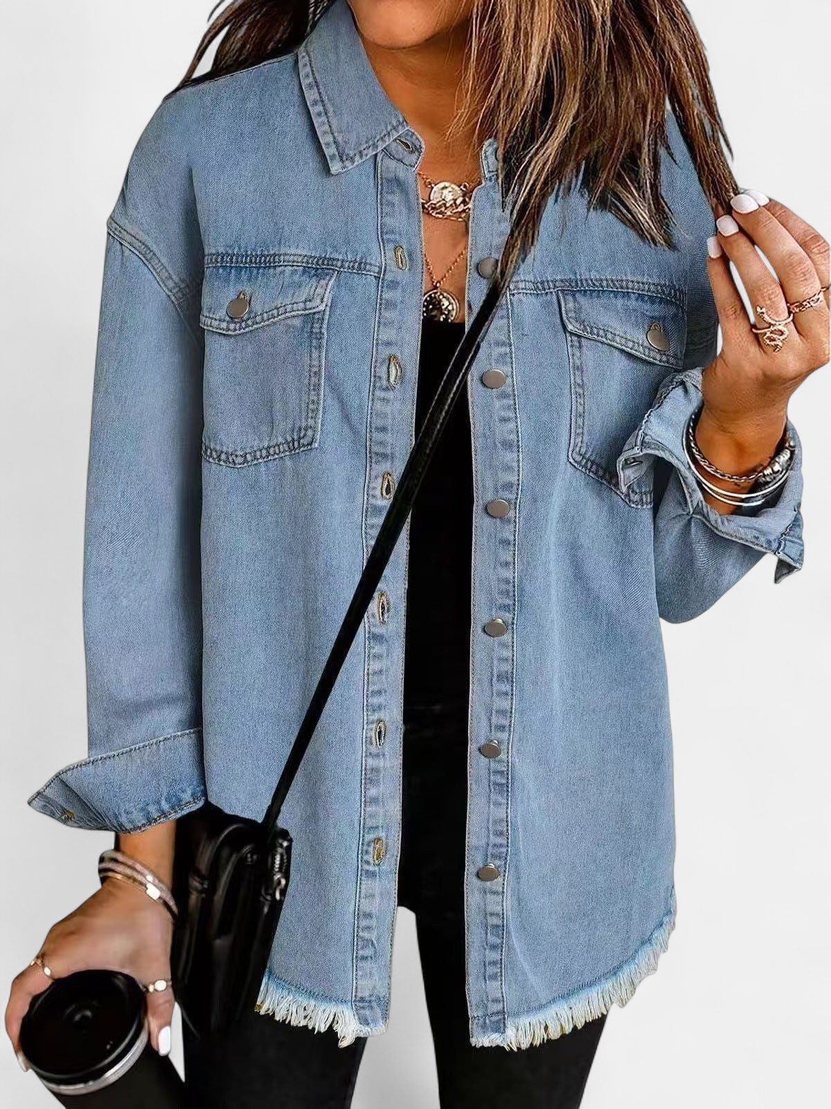 Women's Oversized Denim Jacket, Frayed Hem Snap Front Chest Pockets