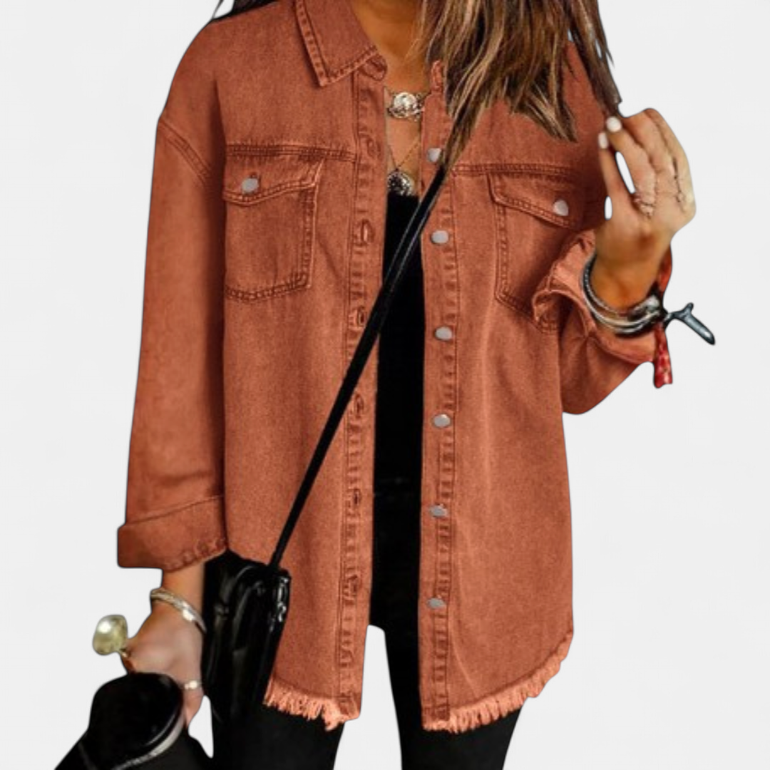 Women's Oversized Denim Jacket, Frayed Hem Snap Front Chest Pockets