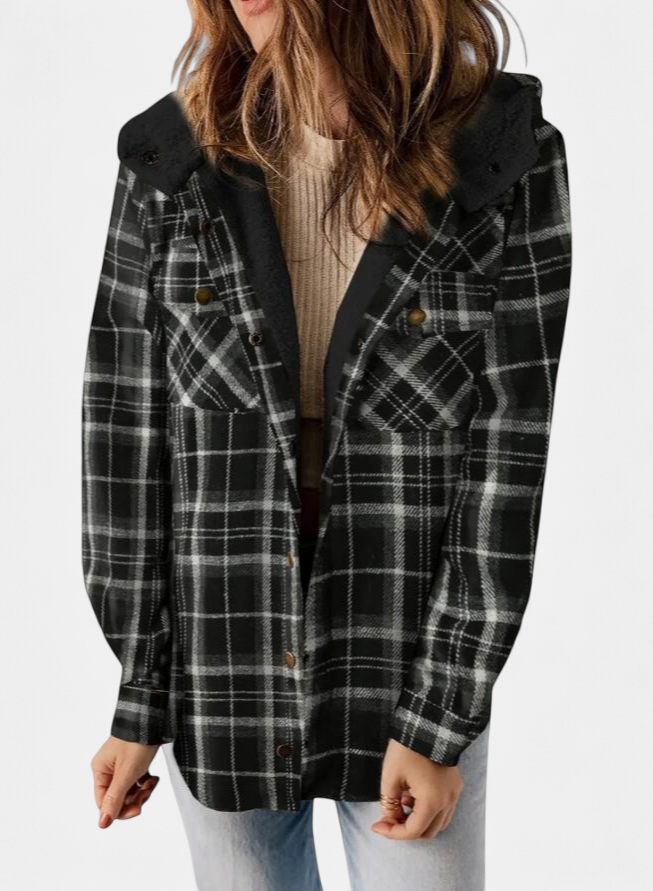 Women's Hooded Plaid Flannel Shirt Jacket, Sherpa Lined Snap Front