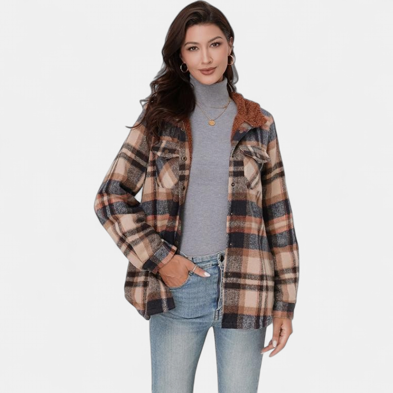 Women's Hooded Plaid Flannel Shirt Jacket, Sherpa Lined Snap Front