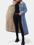 Women's Long Winter Coat, Denim Sherpa Lined Snap Front Collar