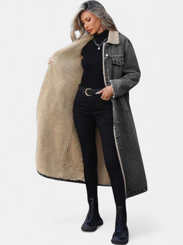 Women's Long Winter Coat, Denim Sherpa Lined Snap Front Collar