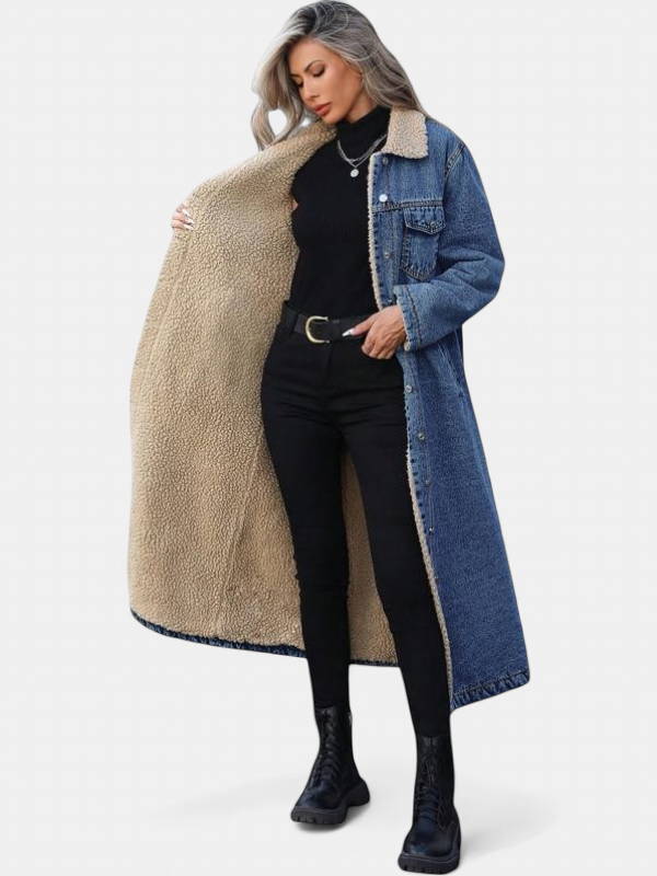 Women's Long Winter Coat, Denim Sherpa Lined Snap Front Collar