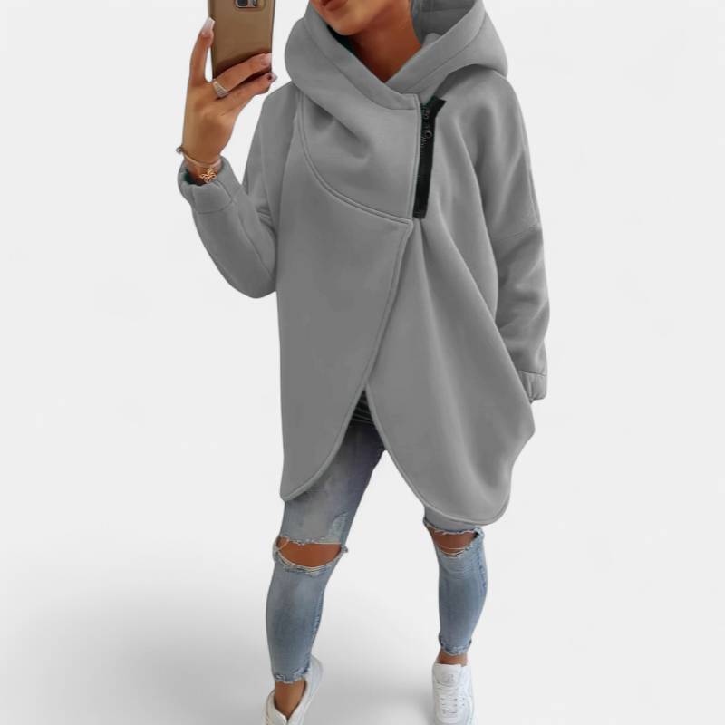 Women's Fleece Oversized Hoodie, Asymmetric Zip Wrap Front Longline