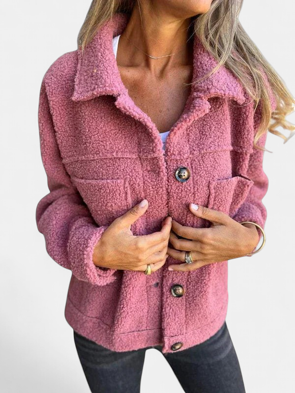 Women's Oversized Teddy Fleece Jacket, Button Front Chest Pockets