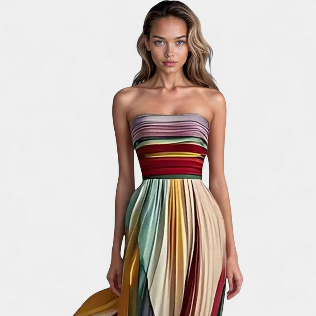 Women's Strapless Maxi Dress, Pleated Skirt Fitted Bodice Striped
