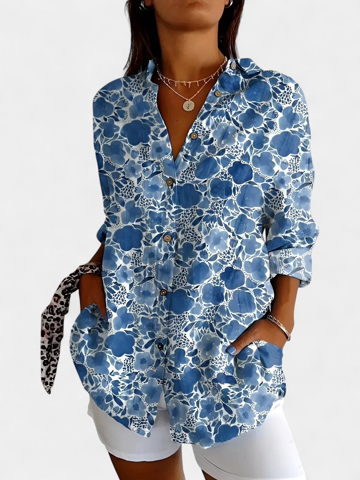 Women's Printed Long Sleeve Blouse, Button Front Collared Curved Hem