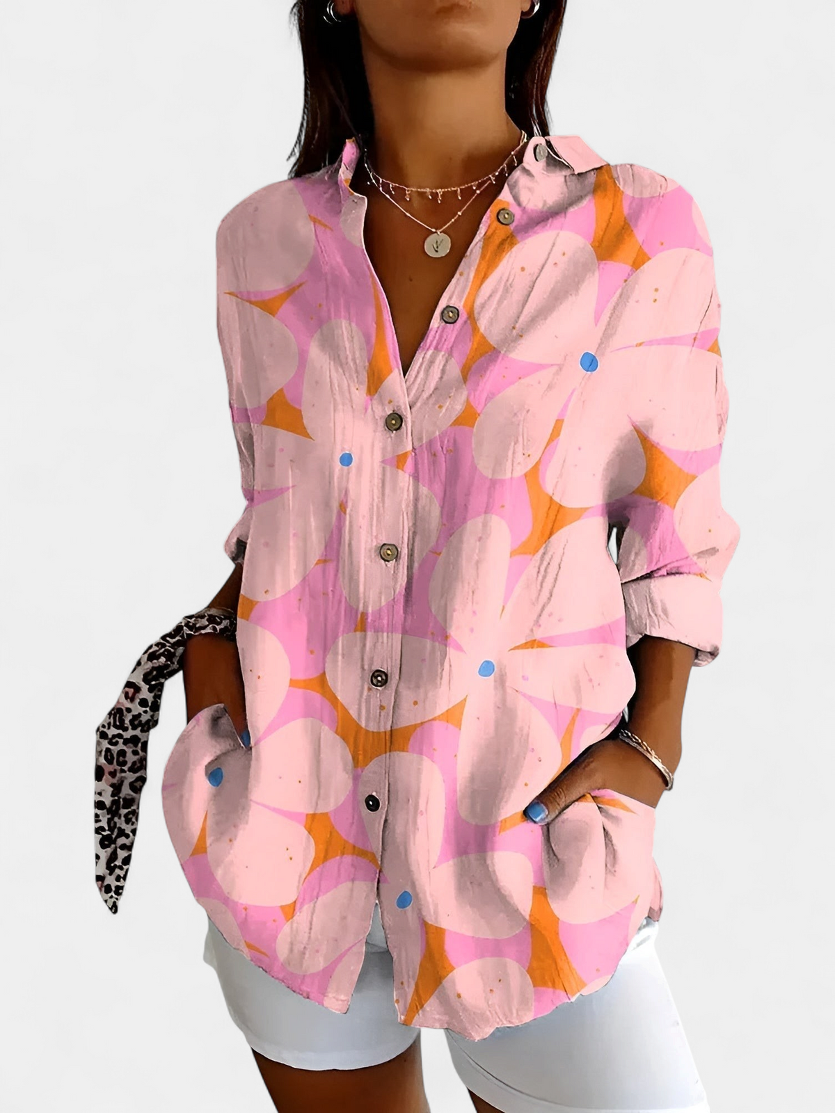 Women's Printed Long Sleeve Blouse, Button Front Collared Curved Hem
